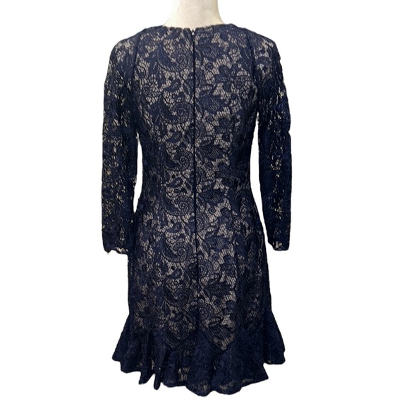 Monique Lhuillier Navy Blue Lace Crochet Overlay Peplum Hem Mini Dress - 6 - Picture 8 of 15